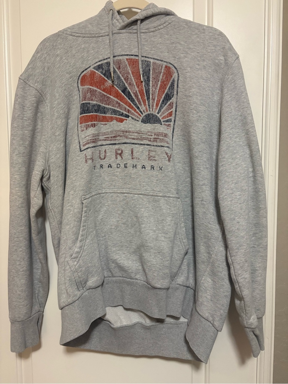 Hurley Gray Hoodie with Red & Navy Sunrise Graphic